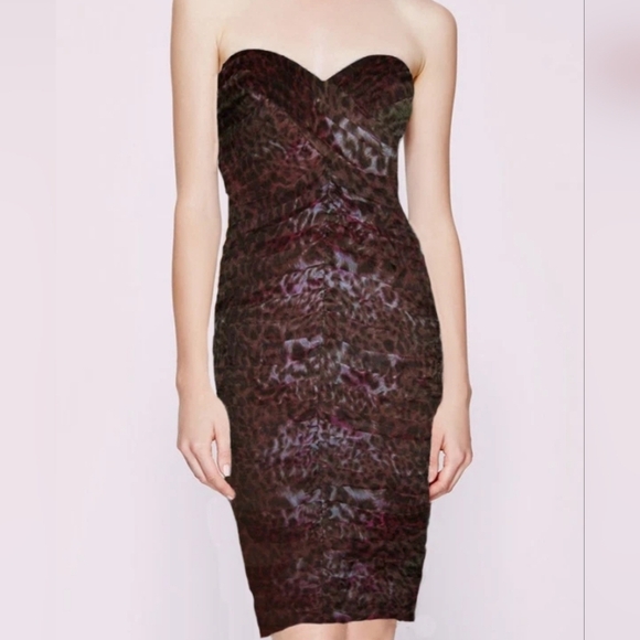 Tadashi Shoji Lotus Pink/Black Leopard Print Silk Ruched Strapless dress 6 - Picture 1 of 12